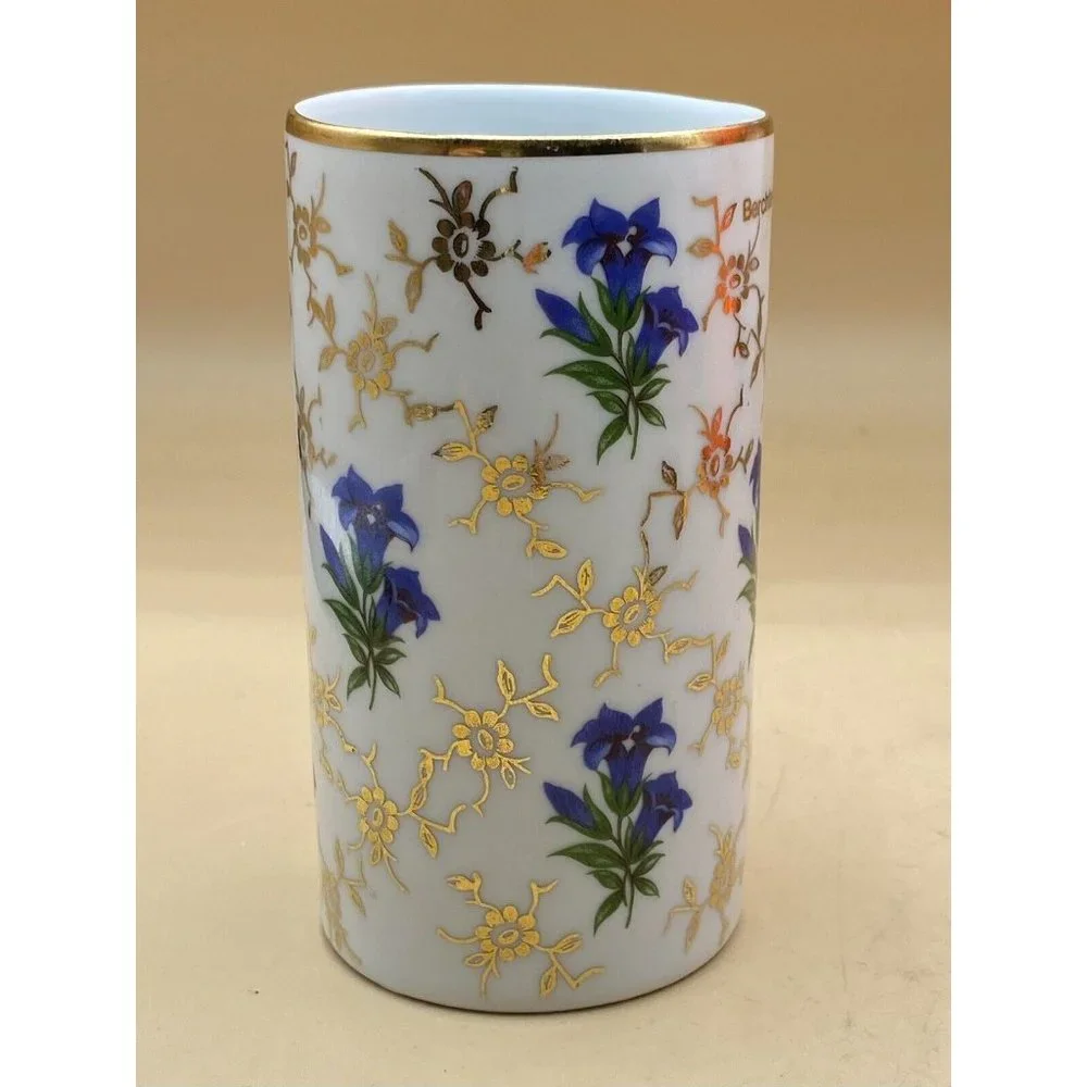 Berchtesgaden Ceramic Vase by KS Bavaria Flowers & Gold Paint